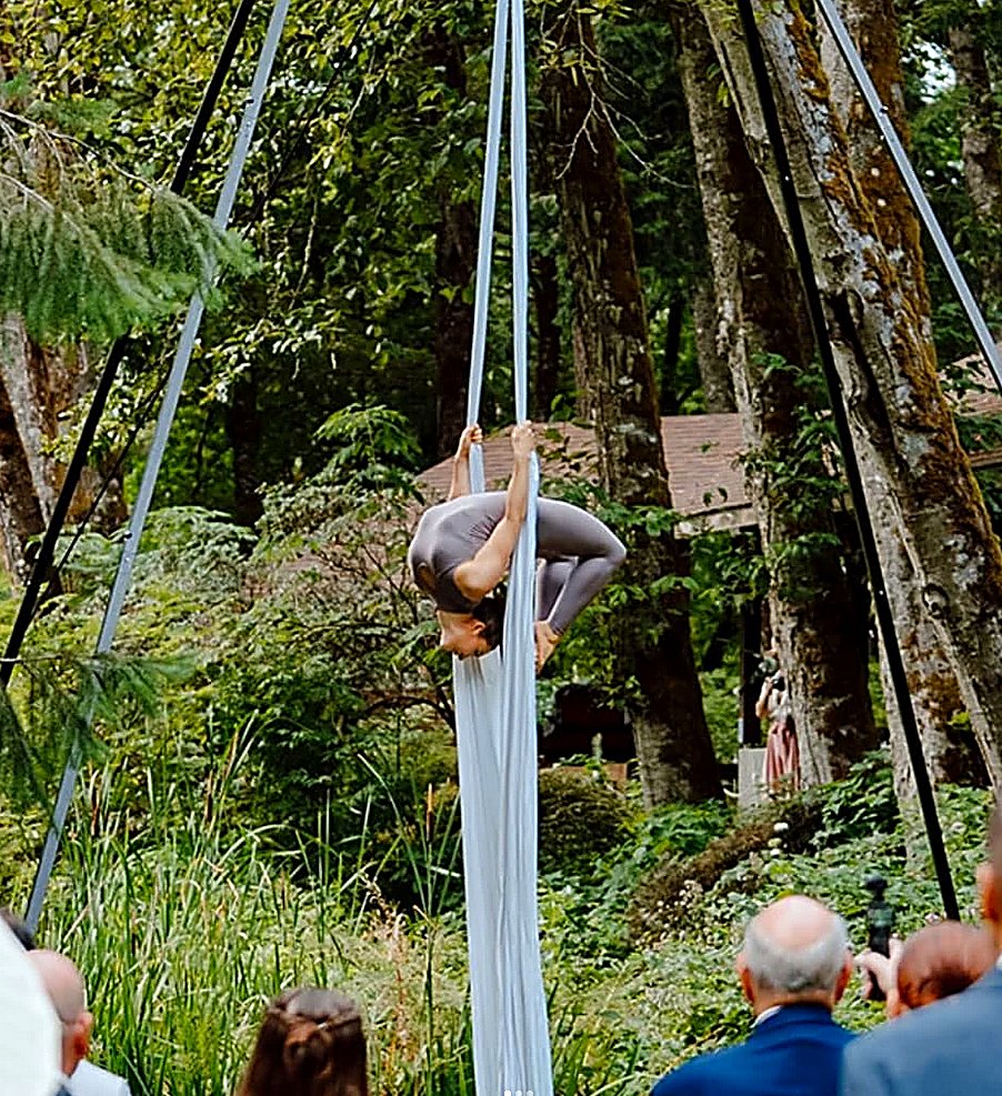 Outdoor aerial silks performance at a forest wedding