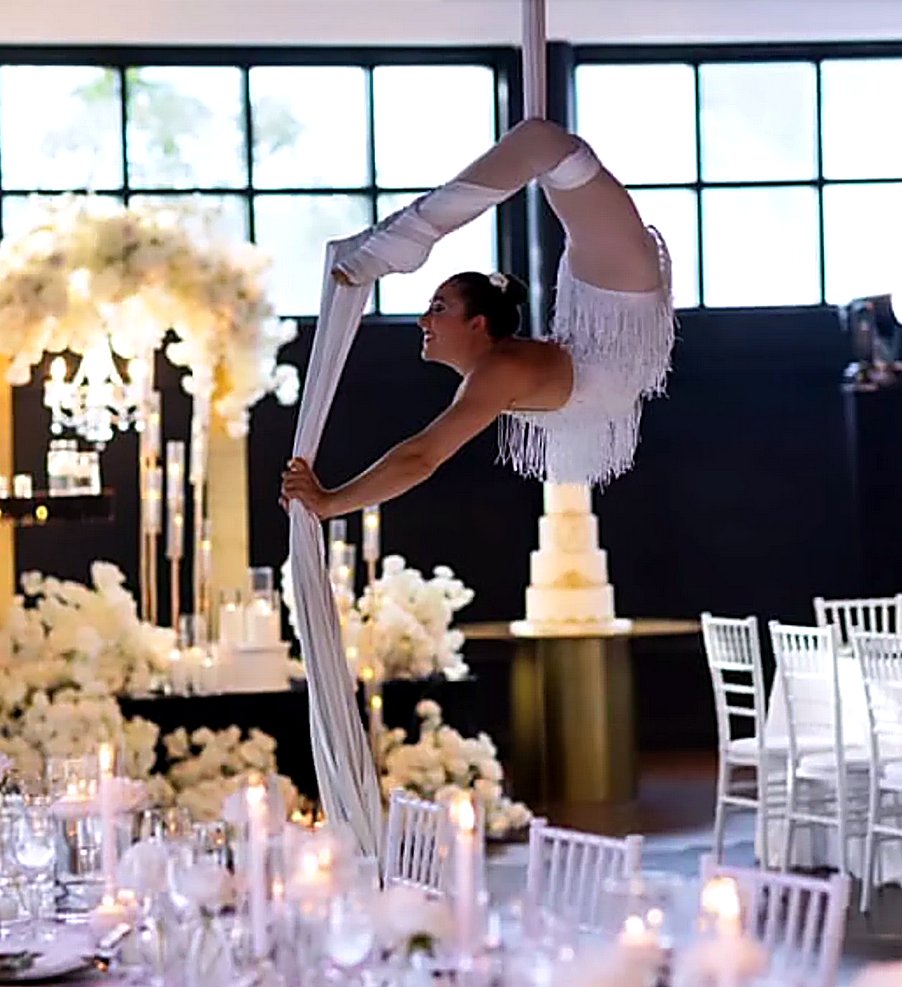 Elegant aerial silks performance at an indoor wedding reception